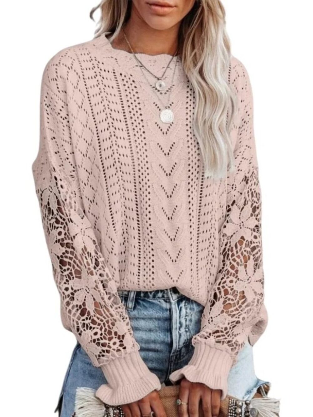 Women’s Pointelle Crochet Cable Lace Sleeve Sweater "NWOT" TAN Size L - Picture 1 of 7
